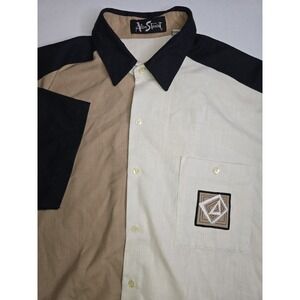 ALAN STUART Vintage Men's Large Black White Tan Geometric Embroidered Shirt -621